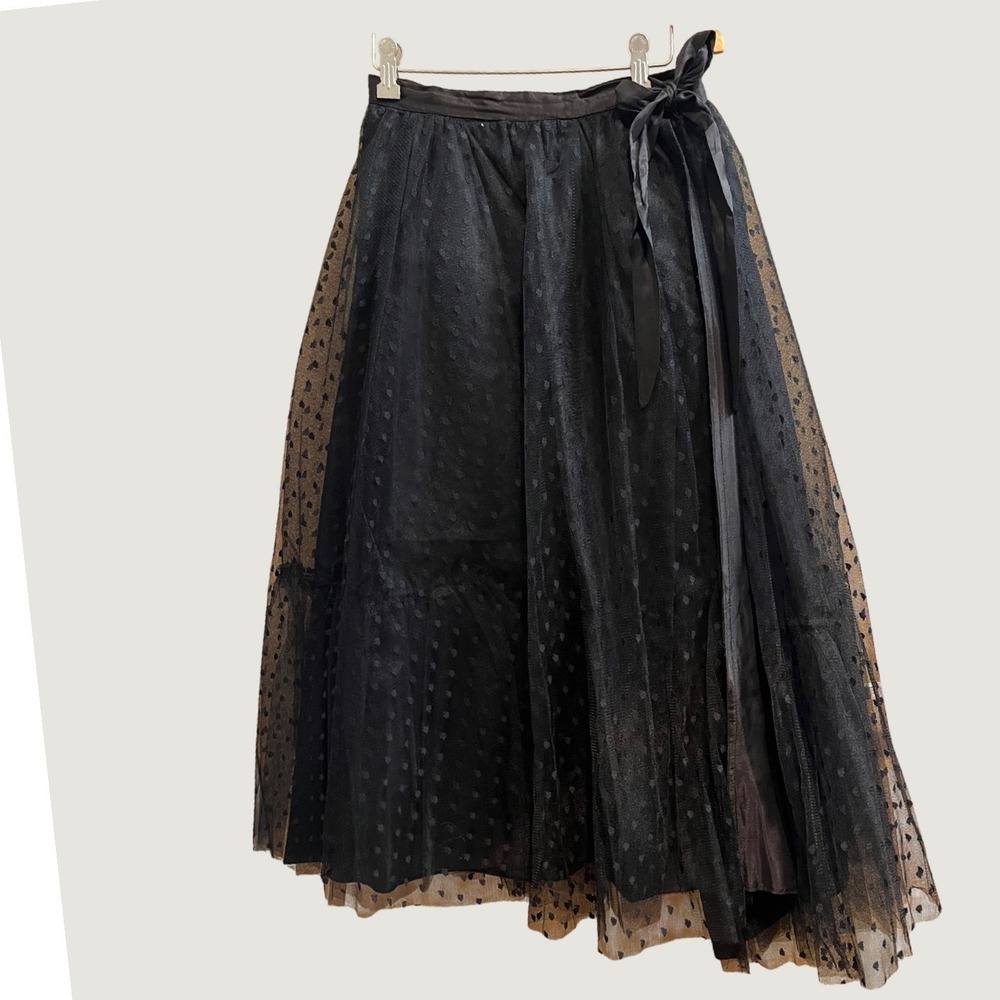 Janet Russo Tulle Midi Skirt Women 12 Black Dot Flocked Side Tie Vintage